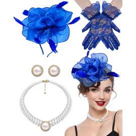 4 PCS Tea Party Hat with Lace Gloves 1920s Vintage Fascinator Hats Cocktail Flower Headpiece (Royal Blue)