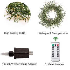 WEGRASY Firecracker Fairy Lights Plug in,33ft 300LEDs Green Wire Cluster String Lights,Waterproof 8 Modes Remote Twinkle Light for Outdoor Indoor Garden Bedroom Christmas Tree Holiday,Warm White