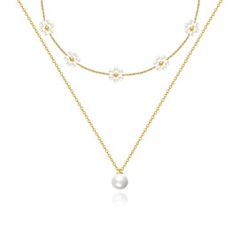 Luxval Layered Gold Pearl Necklaces Dainty Layered Simple Pearls Choker Chain Cute Daisy Pearl Choker Necklace Set Flower Necklaces for Women Trendy Wedding Jewelry Gifts
