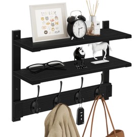Homode Coat Rack Wall Mount, 2 Tier Wall Shelf with Hooks, 17" Wooden Coat Hanger with Shelf Entryway Key Holder, Floating Shelves for Hanging Hats Keys Towels Jackets Purse Backpack, Black