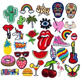 MINGZE 32 Pieces Iron On Patches Kit, Embroidery Applique Patches Stickers Flowers Sew And Badges Fabric Repair Patch For Kids Cute DIY Clothes Jeans Jackets Shoes Bag Backpacks T Shirt