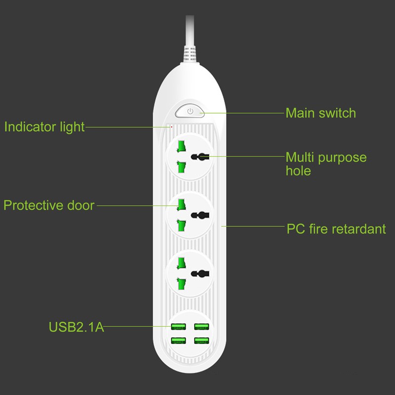Power Strip Extension Long Cord 2500W Multi Functional with USB