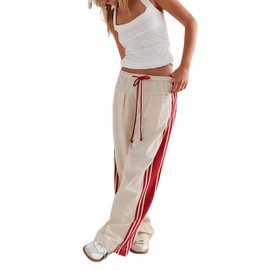 Hongsui Women's Wide Leg Pants Drawstring High Rise Side Striped Slouchy Palazzo Pants with Pockets (Beige-XS)