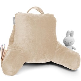 Clara Clark Reading Pillow for Kids, Small Back Pillow for Sitting Up in Bed, Memory Foam Back Support Pillow, Reading Pillows for Sitting in Bed, Beige Cream Gaming Pillow with Arms and Pockets