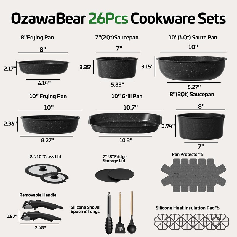 OzawaBear 26 Pcs Pots and Pans Set Non Stick, Ceramic