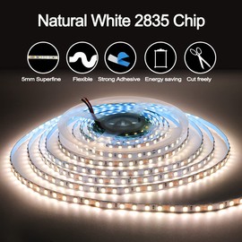 Tesfish 12V LED Strip Lights, 5mm Wide, 16.4 ft Total 600 LEDs Natural White 4000K Tape Lights LED Light Strip 2835 IP20 LED Rope Lights for Bedroom, Shelf, Kitchen Decoration