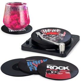 Valdivia Funny Retro Vinyl Record Coasters with Player, 6PCS Rock Coasters for Drinks, Cool Home Decor for Housewarming Gifts, Music Lovers Gifts, Birthday Gifts for Men and White Elephant Gifts Ideas
