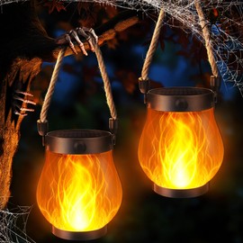 iBaycon 2 Pack Solar Lanterns Lights, Halloween Flickering Flame Garden Lights with 2 Modes Dual Charging USB & Solar, Outdoor Waterproof Hanging Lantern for Party Holiday Halloween Decor (Warm White)