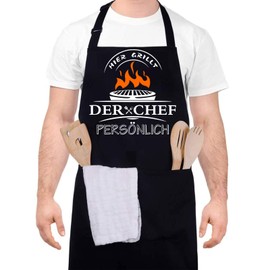 upain Barbecue Apron, Cooking Apron, Kitchen Apron, Hier grillt der Chef Personal, Funny Apron, BBQ Cooking Apron, Cotton Kitchen Apron, Adjustable Neckband, Two Front Pockets for Men, black, Einheitsgröße