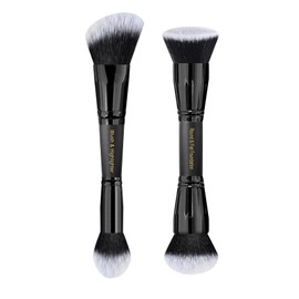 LORYP Black Makeup Brushes 2Pcs Duo End Foundation Powder Brush Set, Blush & Highlighter Brush and Round & Flat Foundation Brush
