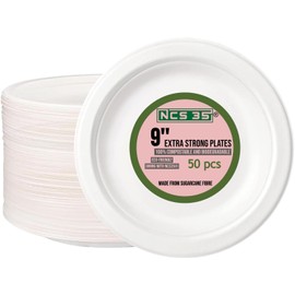 NCS35® 50 Biodegradable 9 inch Compostable Sugarcane Plates Disposable Eco-Friendly Party Plate for Birthday, Parties, BBQ, Weddings, Picnics & Indoor Outdoor Events Disposable Plates