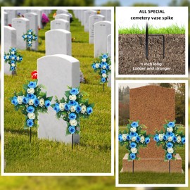 Artificial Cemetery Flowers,Set of 2 Faux Floral Cross,Artificial Rose Bouquet Decoration for Cemetery Headstones Gravesites,Silk Flowers for Long-Lasting Remembrance (Blue)