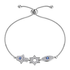 Aurora Tears Hamsa Fatima Hand Bracelets 925 Sterling Silver Blue Evil Eye Charm Star of David Bracelet Six Point Jewellery for Women DB0110W, Sterling Silver