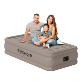 Hi Explore Air Mattress Twin with Built in Pump Raised, Comfort Plush Self Inflating Mattress, Inflatable Blow Up Mattress, Portable Airbed for Home, Guests, Camping(Khaki, 18” Height)