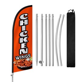 QSUM 8FT Chicken Wings Swooper Flag, Portable Chicken Wings Signs with Stainless Steel Flagpole, Ground Stake, Eye-Catching Business Flag Banner for Snack Bar Restaurant Advertising