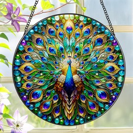 Stained Glass Window Hanging, LAOWEIKI 8'' Peacock Suncatcher, Stained Glass Ornament, Suncatchers for Windows Hanging, Window Decor, Outdoor or Indoor, Gifts for Women, Lovers, Couple, Friend, Bestie