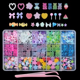 AMLAVIFISH 1000Pcs 3D Cute Bear Colorful Nail Charms for Nails Design, Colorful Bow Butterfly Star Heart Bear Sweet Nail Art Charms,Nail Jewels for Nail Art, Nail Stuff for Nail Art DIY Accessories
