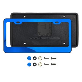 Silicone Back Guard License Plate Holder Blue Chrome Mirror License Plate Frame T304 Stainless Steel + Metal Screw Caps