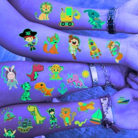 EGMBGM 30 Sheets Animals Glow in The Dark Temporary Tattoos For Kids Boys Girls Teens, Dinosaur Construction Pirate Space Astronaut Glowing Fake Glitter Luminous Tattoo Sticker Toddler Children Kits