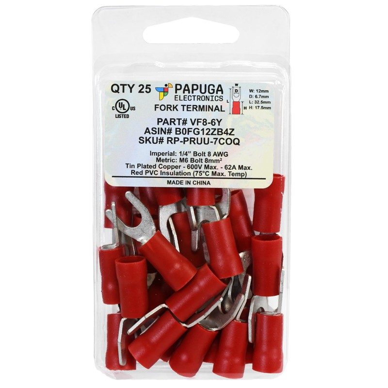 PAPUGA 25PCS 8 AWG (10 mm2) 1/4” / M6 Insulated