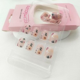 Short Press on Nails Cute Flowers Fake Nails Square Acrylic Nails Press ons Full Cover Glossy Colorful Floral Spring and Summer Stick Glue on Nails for Women Girls 24Pcs