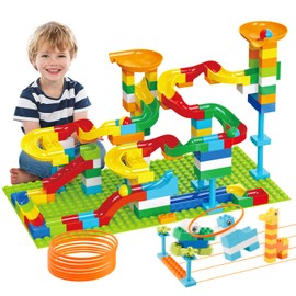 2-In-1 Kids Toys for 2 3 4 5 6 7 + Year Old Boys Girls Toddlers Upgrade Classic Big Bricks Marble Run Building Blocks, Toss Ring Games Compatible with All Major Brands for Christmas Birthday Gifts
