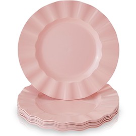 Silver Spoons Elegant Round Blush Wavy Rim Plastic Salad Plates - 8.75” (Pack of 10) - Perfect for Everyday Use, Weddings, and Special Occasions