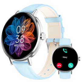 Yoever Smart Watch, 1.27-inch HD Touch Screen, Leather Band, Bluetooth Calling, Heart Rate Monitor, IP68 Waterproof blue