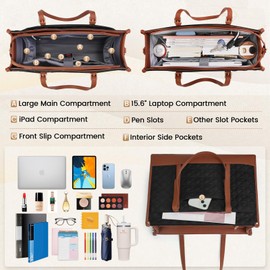 IGOLUMON Laptop Bag for Women 15.6 Inch Vegan Leather Work Tote Bag Quilted Womens Briefcase Designer Laptop Bags for Office Teacher College Cute Computer Bag with Purse Professional Black with Brown