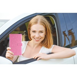 Car Registration and Insurance Holder Vehicle Glove Box Organizer Leather Car Document Holder for Driver's License, ID, Key Information Cards with Magnetic Closure, Glitter Pink