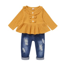 Saeaby 2T Girls Clothes Kids Toddler Girl Outfits Linen Shirt Cute Top Blue Ripped Jeans Pants Set Little Girl Winter Clothes 2 3 Year Old