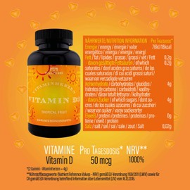Hallingers Vitamin D3 - Vitaminherzen Tropical Fruit 120 vegane Gummies 1000 IE Vitamin D3 hochdosiert, 25 mcg pro Herz (Dose) - Ostergeschenke Osterkörbchen Ostereier & als Osterdeko | Geburtstag Glü