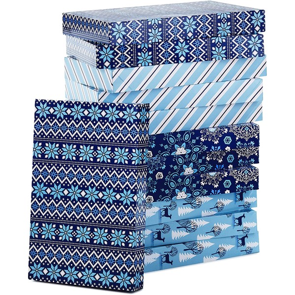 Hallmark Holiday Designed Shirt Boxes, Snowy Blues (Pack of 12) Snowflakes, Stripes, Sweater Pattern, Reindeer