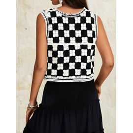 Verdusa Women's Button Front V Neck Sleeveless Crochet Plaid Checkered Knit Sweater Vest White Small