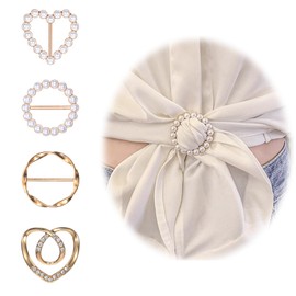 4 Pieces Silk Scarf Ring Clip Scarf Ring Clip T-Shirt Ties Clips Clothes Corner Knotted Button Fashion Metal Buckle Clothing Ring Wrap Holder Pearl Round Scarves Clasp for Women (4 Styles)