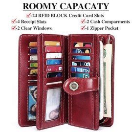 SENDEFN Genuine Leather Purses for Women, RFID Large Ladies Purse, Wallet for Women with Wrist Strap