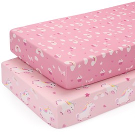 Yukkidds Baby Fitted Sheet Elasticity Breathable Microfibre Mattress Cover Sheet for 50 x 90 cm 55 x 90 cm Travel Cot Side Cot Baby Cot Pack of 2, Pink Unicorn