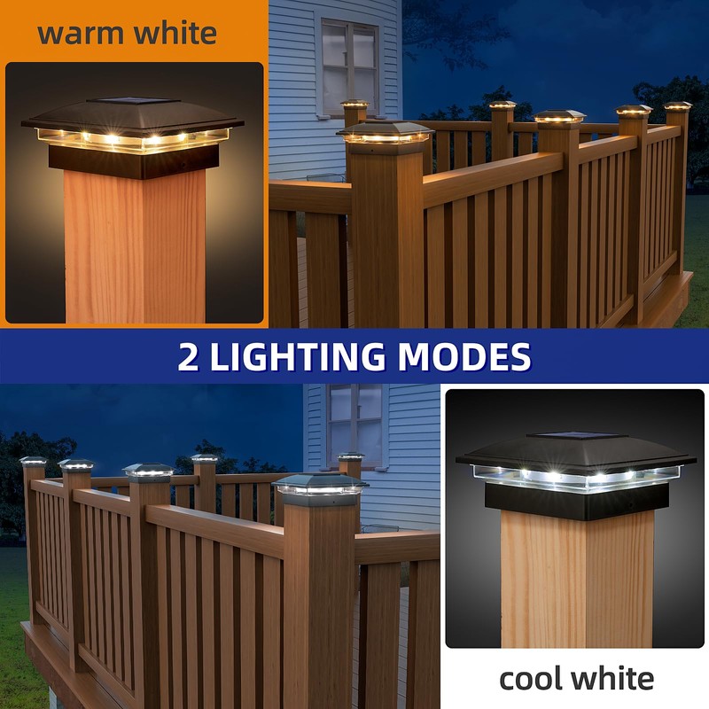 APONUO 6 Pack Fence Post Solar Lights, 2 Modes(Warm/Cool Light)