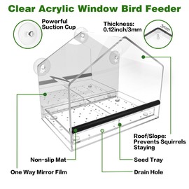 MKLZ One Way Window Bird Feeder for Outside with Strong Suction Cups, Clear Acrylic Wild Bird House for Cats Viewing, Large Transparent Window Mount Birdfeeder for Bird Lovers Gift