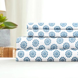 Sleepdown 100% Cotton Sheets Queen Size Bed Set - Ultra Soft 4 Pcs Queen Sheet Set, Cool & Crisp Breathable Percale Sheets Queen, 16" Deep Pocket Bed Sheets Queen Size (Mandalas Blue, Queen Sheets)