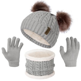 3 Pcs Kids Winter Beanie Hat Scarf Gloves Set for Girls Boys Knit Warm Pompom Toddler Hat Mittens Neck Warmer