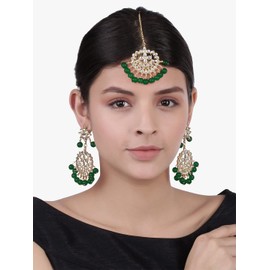 Aheli Beautiful Indian Traditional Wedding Faux Kundan Beaded Maang Tikka with Earrings Set for Women Ethnic Fashion Jewelry (Green)