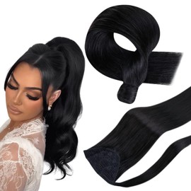 Hetto Natural Black Ponytail Hair Extension Human Hair Wrap Around Ponytail Extensions Black Clip in Pony Tail Human Hair Extensions 100g 20 Inch