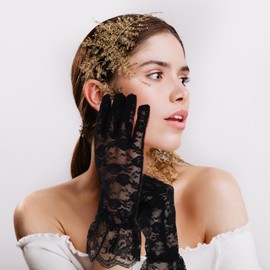 Tyqour Black Lace Gloves for Women, Tea Party Lace Gloves Women, Elegant Black Gloves Costume, Vintage Short Opera Gloves, Mesh Gloves for Opera Wedding Dinner 1920s Party