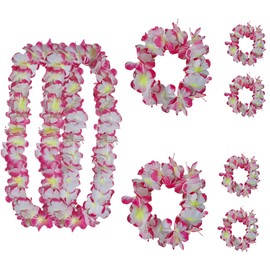 Leis for Luau Party, 8 Pcs Hawaiian Leis Flower Single Color, Necklace Headband Wristband, Beach Party Favors Flamingo Floral Orange White Blue Accessories for Women Men (Pink 8Pcs=2Sets)