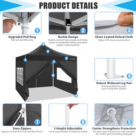 Hoteel Canopy 10x10 Heavy Duty Pop Up Canopy Tent with 4 Sidewalls,UPF50+ and Waterproof 1500mm,3 Height Adjustable,Upgraded Hexagonal Pipe,Commercial Instant Tent,for Picnic,Parties,Backyard,Black