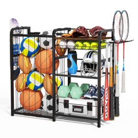 Garage Sports Equipment Organizer, Ball Storage for Sports Gear and Toys, Large Capacity, Sports Organizer for Garage with Hooks and Baskets, Ball Organizer for golf, Football, Soccer Ball, Bat