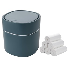 Ronyes Mini Desk Trash Can with Press Lid with Trash Bags 180 pcs Press-Top 2 Litres Tiny Garbage Bin for Office, Bedroom Countertop Use Small Table Top Plastic Covered Waste Basket Can (Blue)