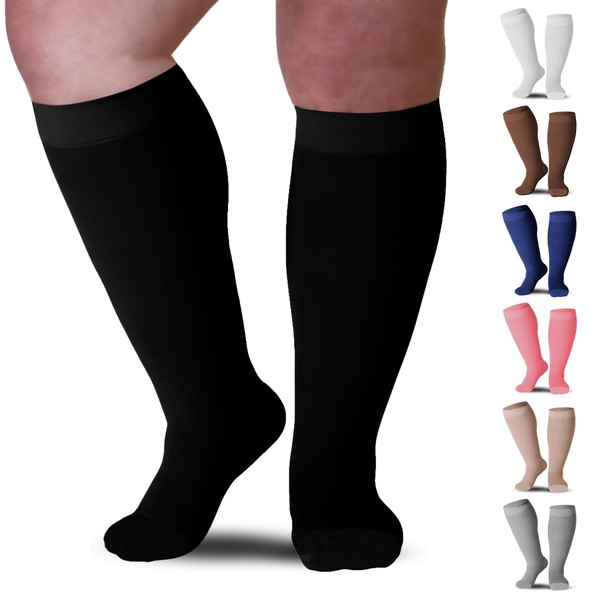 Mojo Compression Socks 6XL for Plus Size Ankles and Extra Wide Calf - Black Knee-Hi Stockings with 20-30mmHg - Ideal for Lymphedema, Bariatric Opaque, and Varicose Veins - Closed Toe