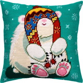 Bear in a Trapper Hat. Needlepoint Kit w/Printed Tapestry Canvas (40 × 40 cm) — Needlepoint Cushion Kit for Creative Home Décor — Needlework Kit for Adult Beginners